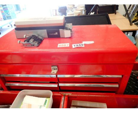 Five drawer and lift top locking tool box, lock is stiff, drawers run smoothly one key present, 50 x 25 x 35 cm, general usag