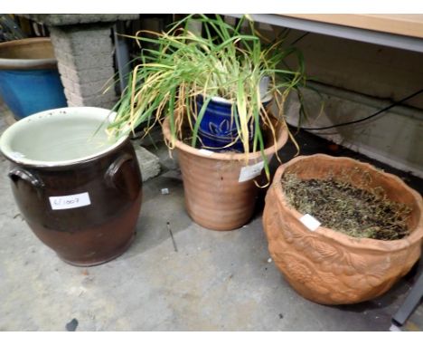 Mixed ceramic pots and planters, one with a plant in. Not available for in-house P&amp;P 