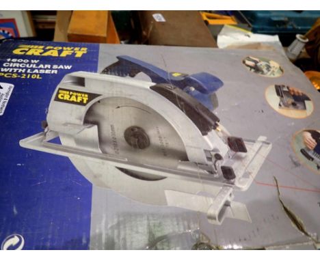 Boxed Powercraft electric plug in 1600w circular saw with laser. All electrical items in this lot have been PAT tested for sa