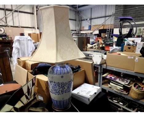 Chinese blue and white ceramic table lamp with shade, H: 74 cm. All electrical items in this lot have been PAT tested for saf