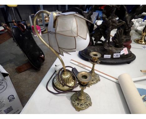 Brass table lamp with glass shade and a pair of brass candlesticks, largest H: 34 cm. Not available for in-house P&amp;P 