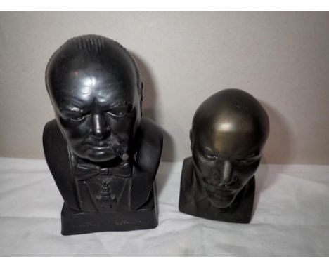 Soviet bronzed metal bust of Vladimir Lenin, H: 10 cm, with a later composition bust of Sir Winston Churchill, H: 13 cm (2). 