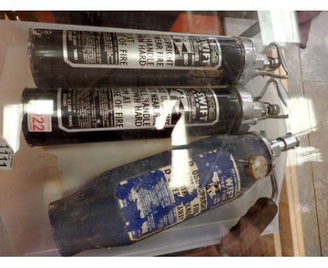 Three Nu-Swift vintage fire extinguishers. Not available for in-house P&amp;P 