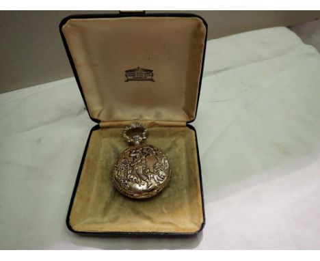 Citron international: quartz crown wind full hunter pocket watch decorated with a writing scene, not working. P&amp;P Group 1