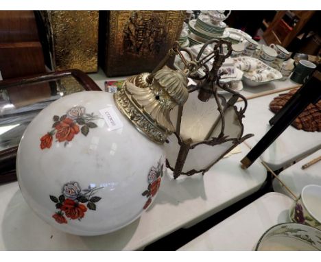 Brass top gold painted white ceramic hanging light shade with floral pattern to outer, along with a vintage metal framed etch