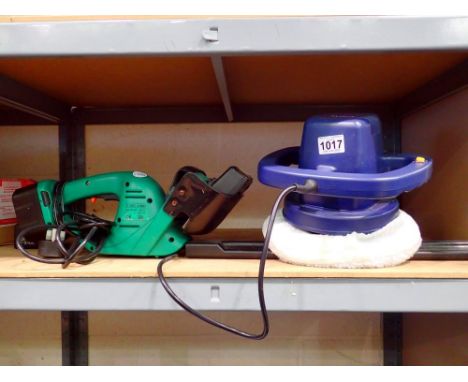 Car polisher, Auto XS1464, model no AX CP/10 and Eckman cordless hedge trimmer with charger, working at lotting. All electric