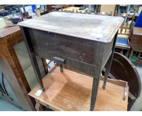 Oak sewing box with lower drawer containing vintage bottles. Not available for in-house P&amp;P 