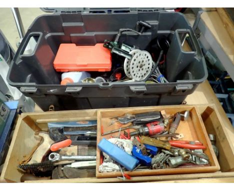 Two boxes of mixed tools to include some fishing tackle. Not available for in-house P&amp;P 