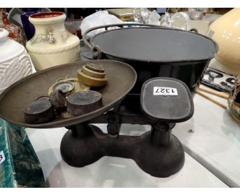 Steel preserve pan and cast iron scales with weights. Not available for in-house P&amp;P 