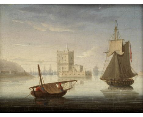 Thomas Buttersworth (British, 1768-1842)Boats on the Tagus estuary, with Belem Tower beyond signed 'T. Buttersworth' (lower l