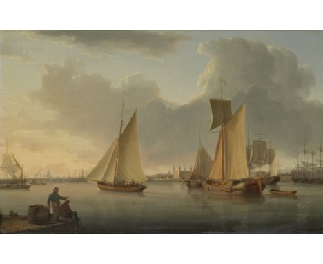 William Anderson (British, 1757-1837)Thames scene with the Tower of London and St Paul's Cathedral in the distance signed and