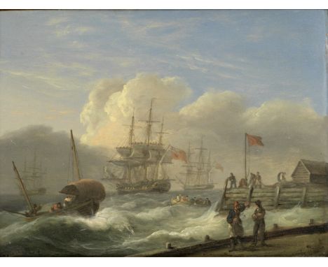 Thomas Luny (British, 1759-1837)A naval frigate struggling to get underway in a high wind, with similar activity nearby ahead