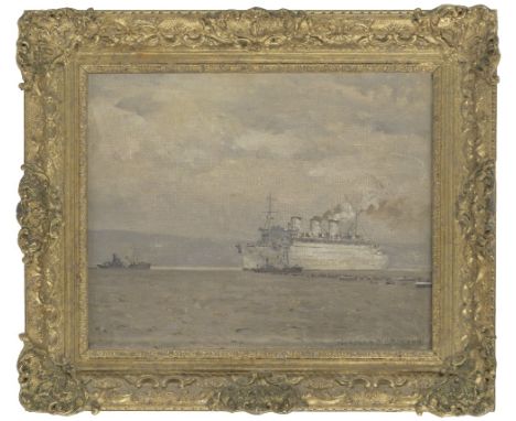 Norman Wilkinson (British, 1878-1971)The Queen Mary in full steam signed 'NORMAN WILKINSON' (lower right)oil on canvas laid t