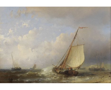 Abraham Hulk (Dutch, 1813-1897)Fishing vessels at the shore indistinctly signed 'A.Hulk f.' (lower left)oil on panel 16.5 x 2
