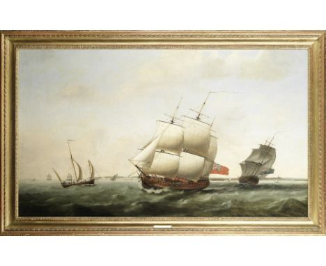 Thomas Luny (British, 1759-1837)Portrait of the East Indiaman Neptune in two positions off the Downs indistinctly signed and 
