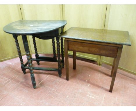 A POLISHED DROP LEAF GATE LEG TEA TABLE with bobbin supports and a small polished oblong topped side table