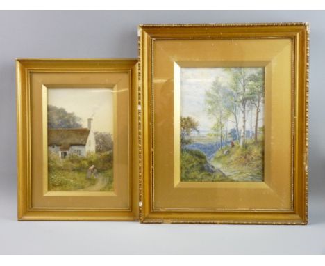 R WALTER HUTTON two watercolours - 1. thatched cottage with mother and child on a path, signed and dated 1908, 22 x 14 cms an