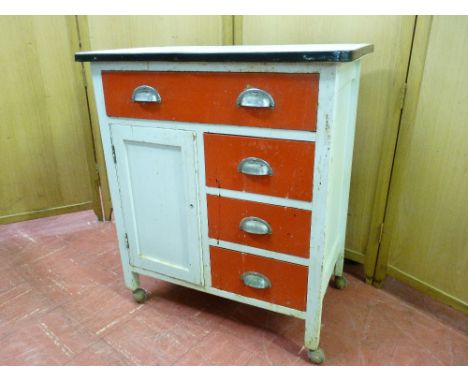 A PAINTED 1950's SMALL KITCHEN CHEST of one long and three short drawers and a small cupboard with white enamel top