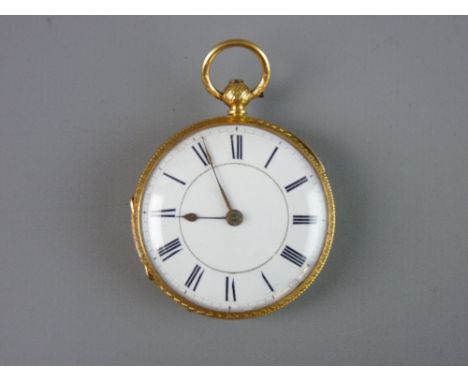 AN EIGHTEEN CARAT GOLD ENCASED FOB WATCH having chased floral and scrolled decoration, white enamel dial with Roman numerals,