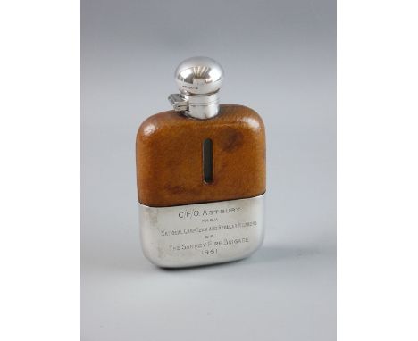 A GARRARD`S SILVER, LEATHER & GLASS HIP FLASK, the removable cup with presentation inscription for `C/F/O Astbury from Nation