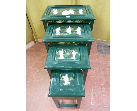 A QUARTETTO OF MODERN ORIENTAL SIDE TABLES having a jade effect finish with gilt highlighting and applied mother of pearl fig