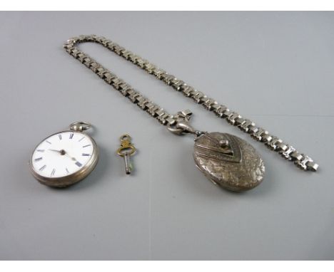 AN OVAL SILVER PHOTO LOCKET with bright cut decorative front, together with a white metal link bracelet and a silver encased 