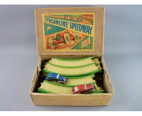 A LOUIS MARX & CO STREAMLINE SPEEDWAY SET, tinplate toy sectional track and two clockwork driven racing cars in original box