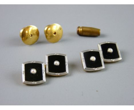 A PAIR OF EIGHTEEN CARAT PLATINUM & BLACK ENAMEL CUFFLINKS, a pair of matching studs, each having a tiny centre pearl, 10 grm