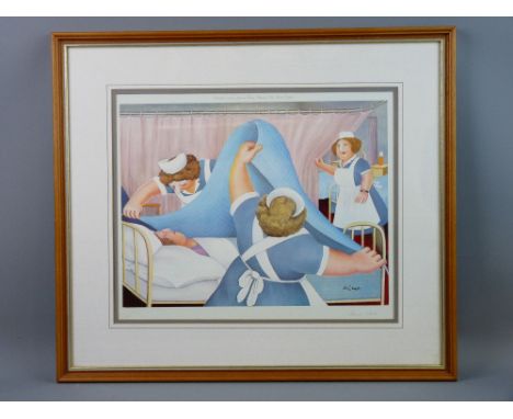 BERYL COOK coloured guild stamped print - three nurses with patient lying in a hospital bed, signed and originally published 