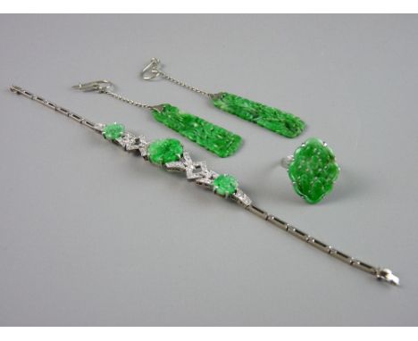 A PLATINUM JADE & DIAMOND ENSEMBLE OF BRACELET, pair of long tablet drop earrings and a dress ring, total 10 grms gross