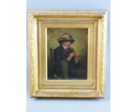 J K oil on board - young Continental hatted boy seated on a wicker chair playing a flute like instrument, initialled and date