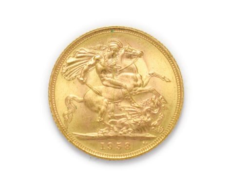 Elizabeth II (1952 - ), 1958 Sovereign. Obv: First, laureate portrait of Elizabeth II right, by designer Mary Gillick. Rev: S
