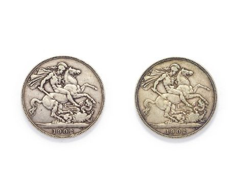 Edward VII (1901 - 1910), 2 x 1902 Crowns. Obvs: Bare-headed portrait of Edward VII right, DES on truncation for designer Geo