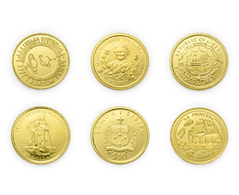 A Collection of 6 x World Gold Coins consisting of: Guernsey, 1998 gold 5 pounds. 1.24g .999 gold. Obv: Portrait of  Elizabet