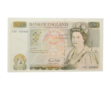 Great Britain, 1988 - 1991 Fifty Pounds, G.M. Gill signature, serial number: C25 826935. Olive green and brown on a multicolo
