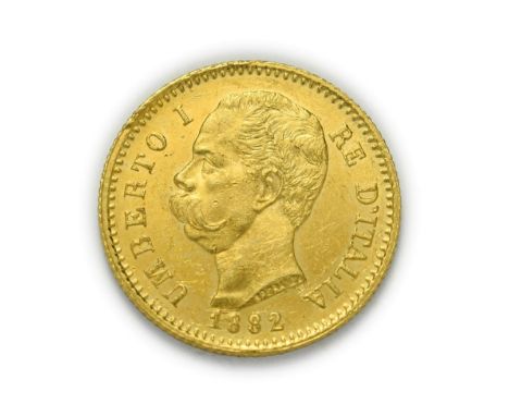Italy, Umberto I (1878 - 1900), 1882 R Twenty Lire. 6.45g of .900 gold. Rome mint. Obv: Bare head of Umberto I left, 1882 bel
