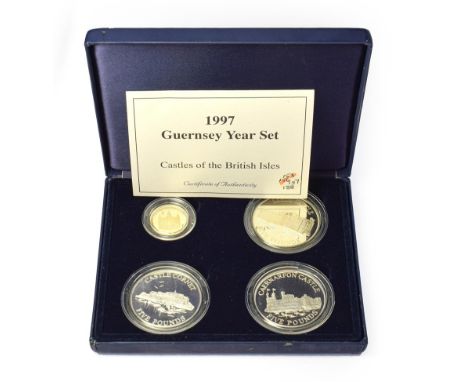 Guernsey, 1997 Silver Proof 'Castles of the British Isles' 4-Coin Set consisting of: 1997 silver proof five pounds. Obv: Thir