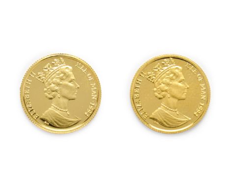 Isle of Man, 2 x 1994 Gold  1/20 Angel. Each coin 1.55g of 24ct (.999) gold. Obv: Portrait of Elizabeth II right. Rev: Archan