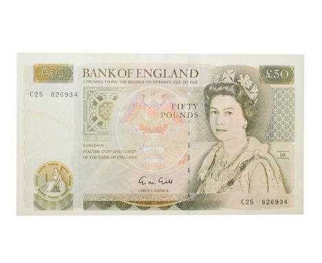Great Britain, 1988 - 1991 Fifty Pounds, G.M. Gill signature, serial number: C25 826934. Olive green and brown on a multicolo