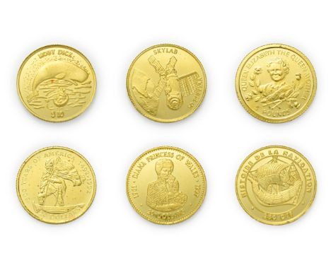 A Collection of 6 x World Gold Coins consisting of: Maldives, 1995 gold proof 50 rufiyaa. 1.24g .999 gold. Obv: National embl