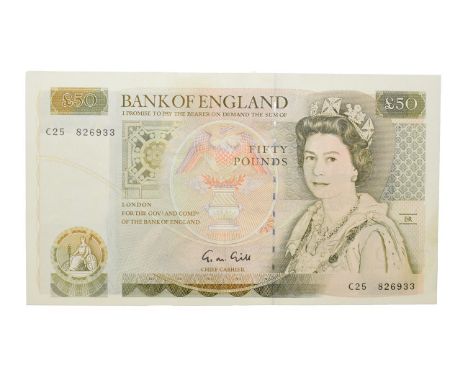 Great Britain, 1988 - 1991 Fifty Pounds, G.M. Gill signature, serial number: C25 826933. Olive green and brown on a multicolo
