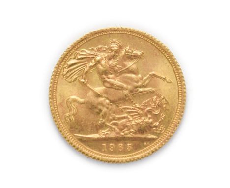 Elizabeth II (1952 - ), 1965 Sovereign. Obv: First, laureate portrait of Elizabeth II right, by designer Mary Gillick. Rev: S