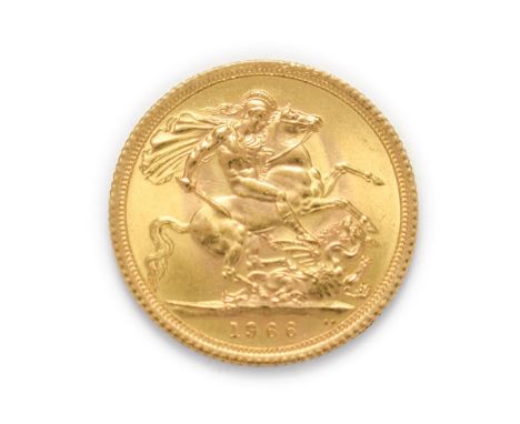 Elizabeth II (1952 -), 1966 Sovereign. Obv: First, laureate, portrait of Elizabeth II left, by designer Mary Gillick. Rev: St