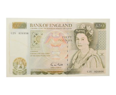 Great Britain, 1988 - 1991 Fifty Pounds, G.M. Gill signature, serial number: C25 826936. Olive green and brown on a multicolo