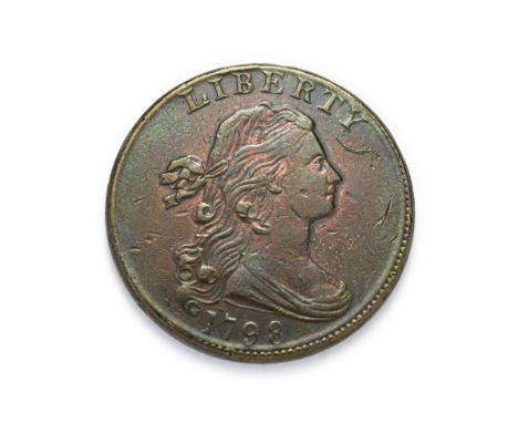 USA, 1798 ''Draped Bust'' Cent. Second hair style. Obv: Draped bust of Lady Liberty facing right, the curl to the centre of t