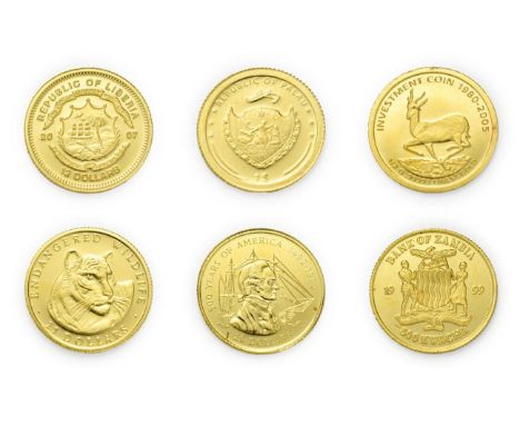 A Collection of 6 x World Gold Coins consisting of: Cook Islands, 1995 gold 20 dollars. 1.24g .999 gold. Obv: Portrait of  El