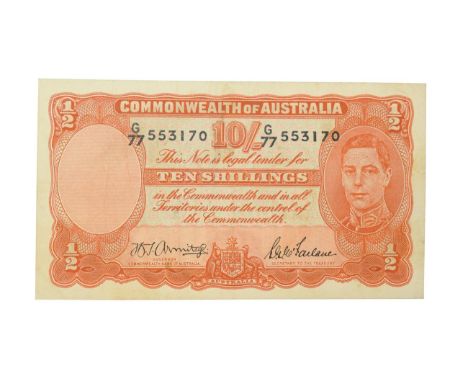 Australia, 1942 Ten Shillings. H. T. Armitage and S. G. McFarlane signatures in black, serial number: G/77 553170. Orange on 