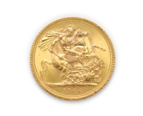 Elizabeth II (1952 -), 1966 Sovereign. Obv: First, laureate, portrait of Elizabeth II left, by designer Mary Gillick. Rev: St