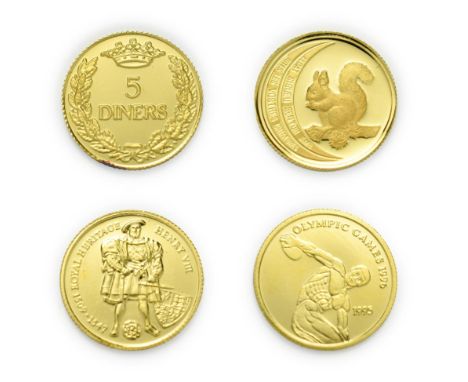 A Collection of 4 x World Gold Coins consisting of: Andorra, 1994 gold proof 5 diners. 1.55g 24ct (.999) gold. Obv: Coat of a