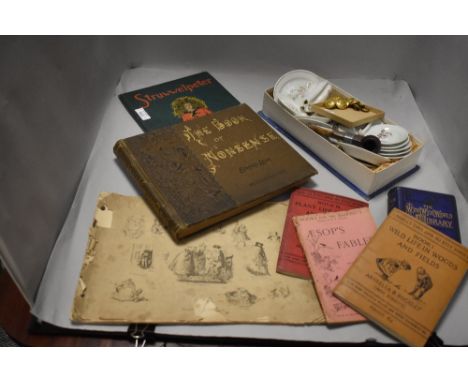 A vintage dolls tea service, a pipe, brass Naval buttons, books and similar.
